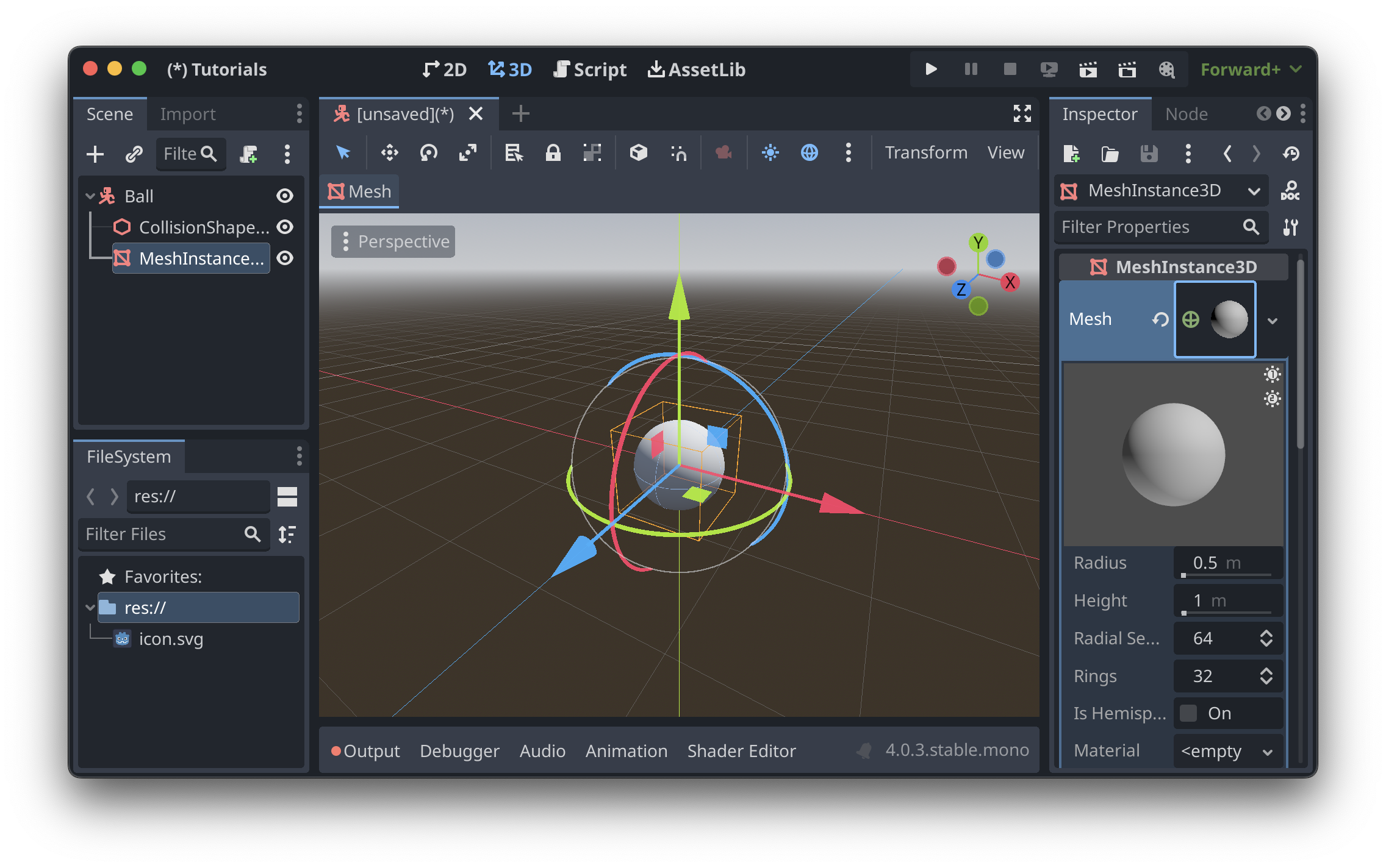 The Godot editor, showing the mesh creation menu