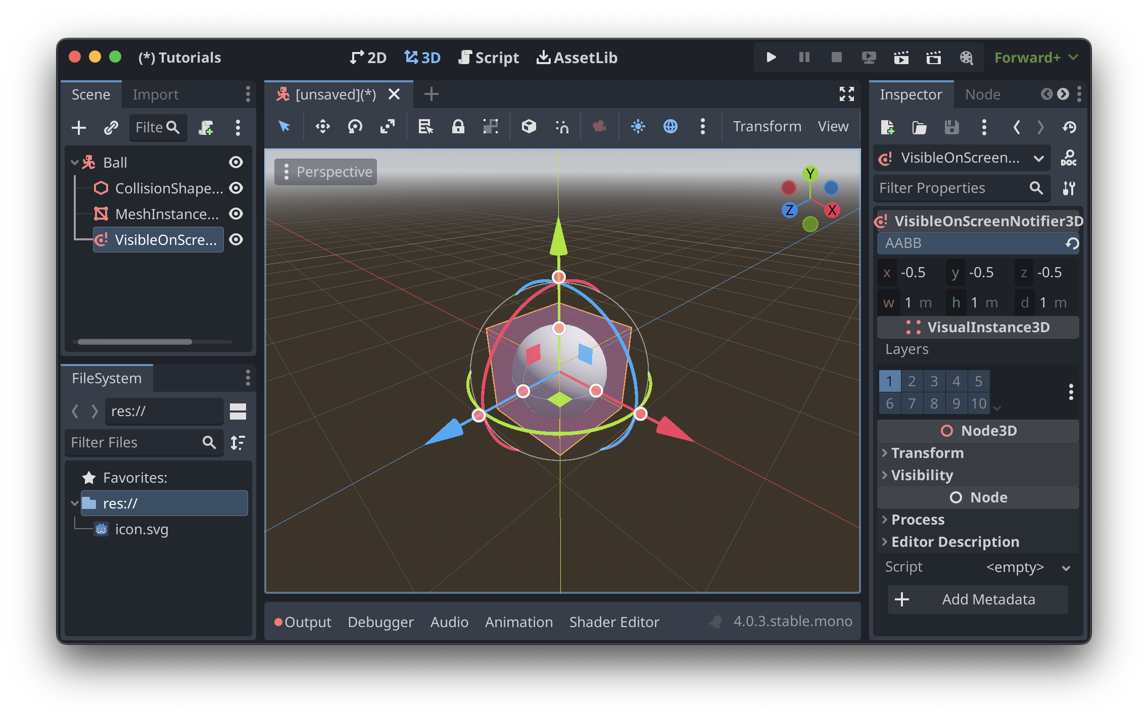 The Godot editor, showing the resized gizmo