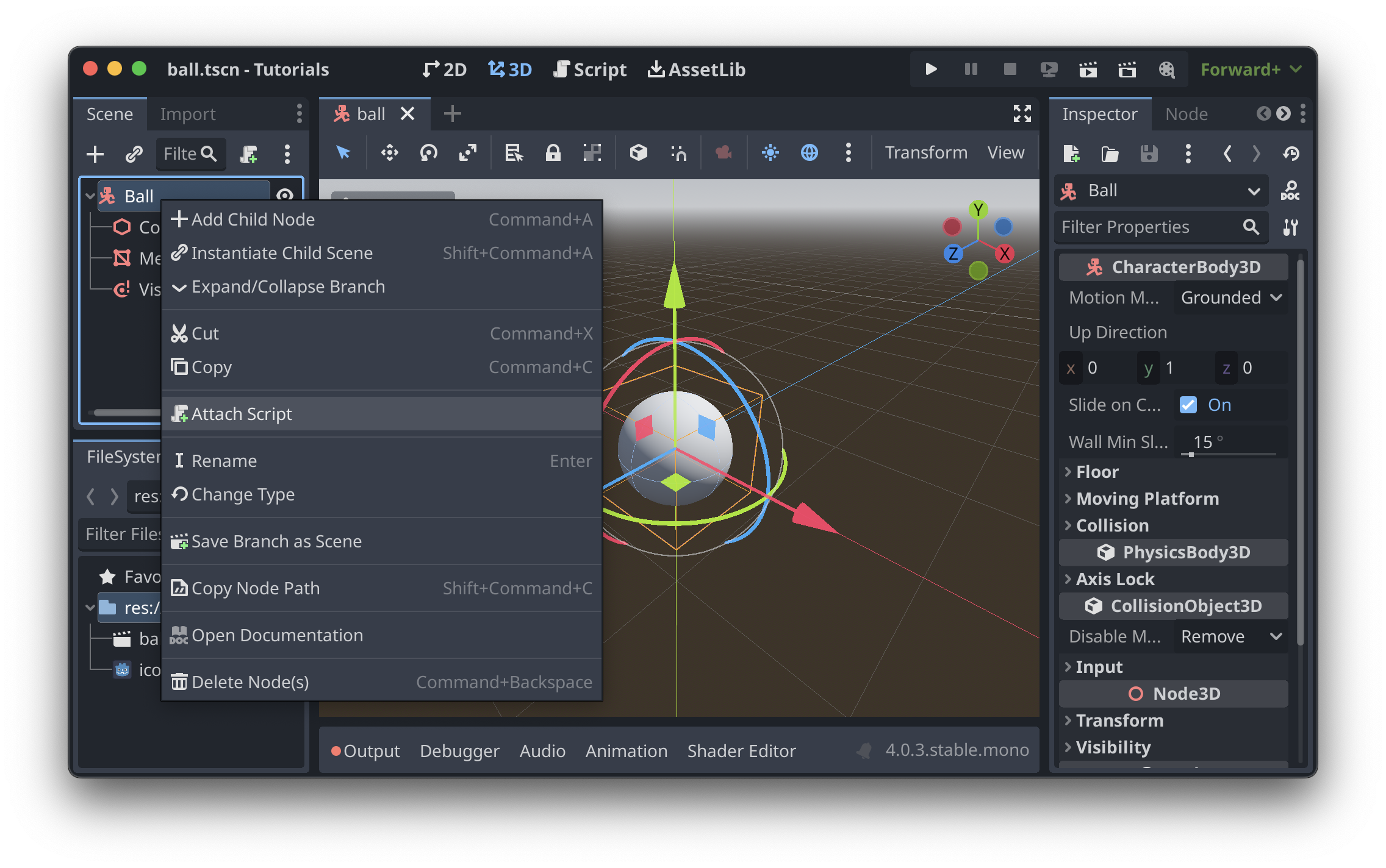 The Godot editor, showing the context menu when right clicking on a node, with “attach script” selected
