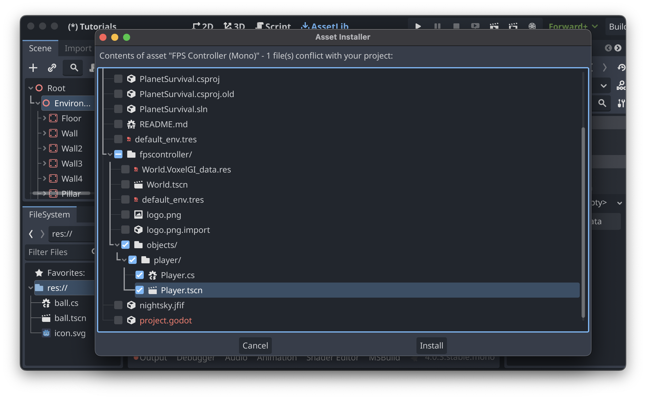 The Asset Installer dialogue showing the two files selected for import. The files are located under “fpscontroller/objects/player/”