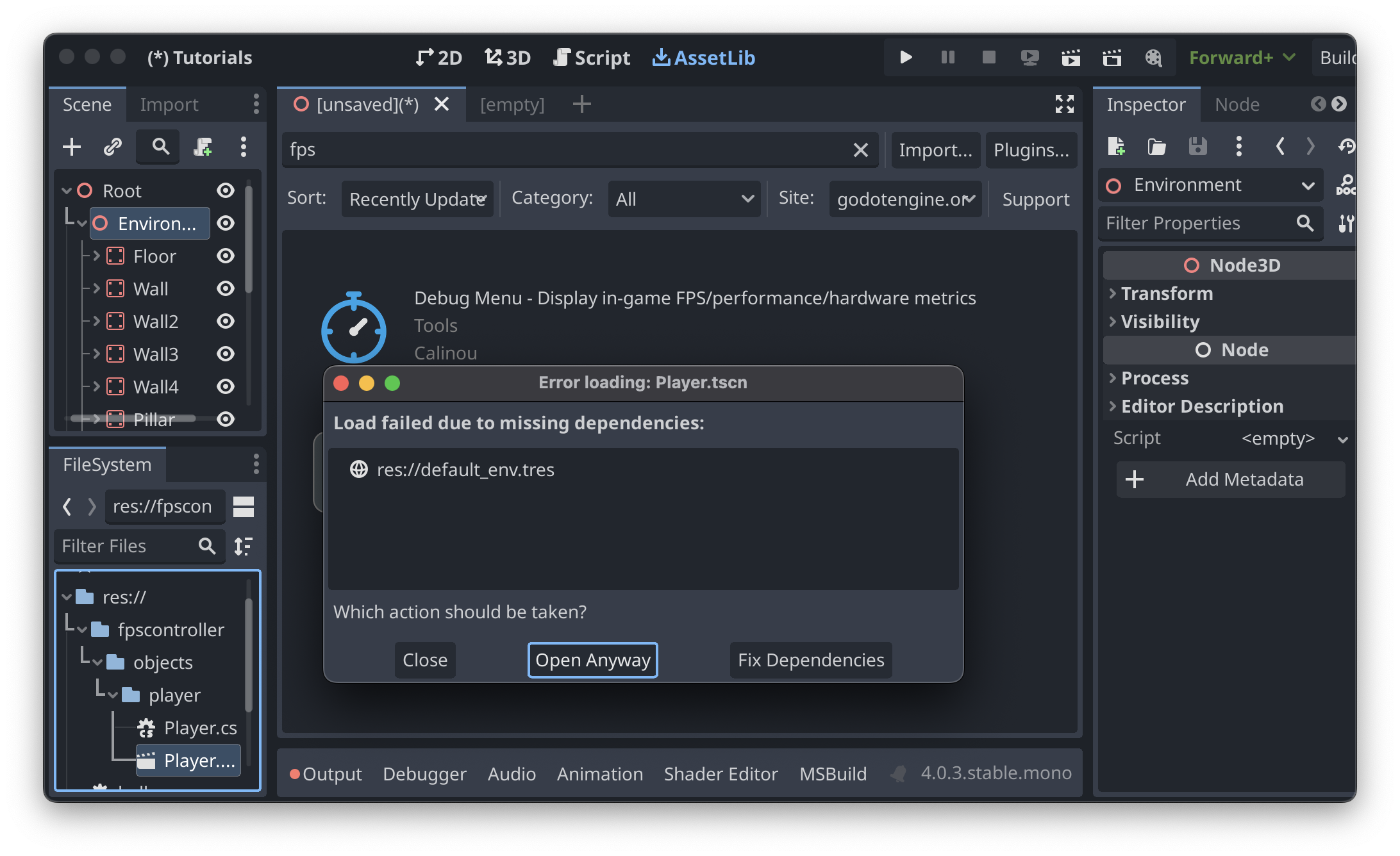 An error dialogue titled “Error loading: Player.tscn” with the message “Load failed due to missing dependencies: res://default_env.tres”, with the button “Open Anyway” highlighted