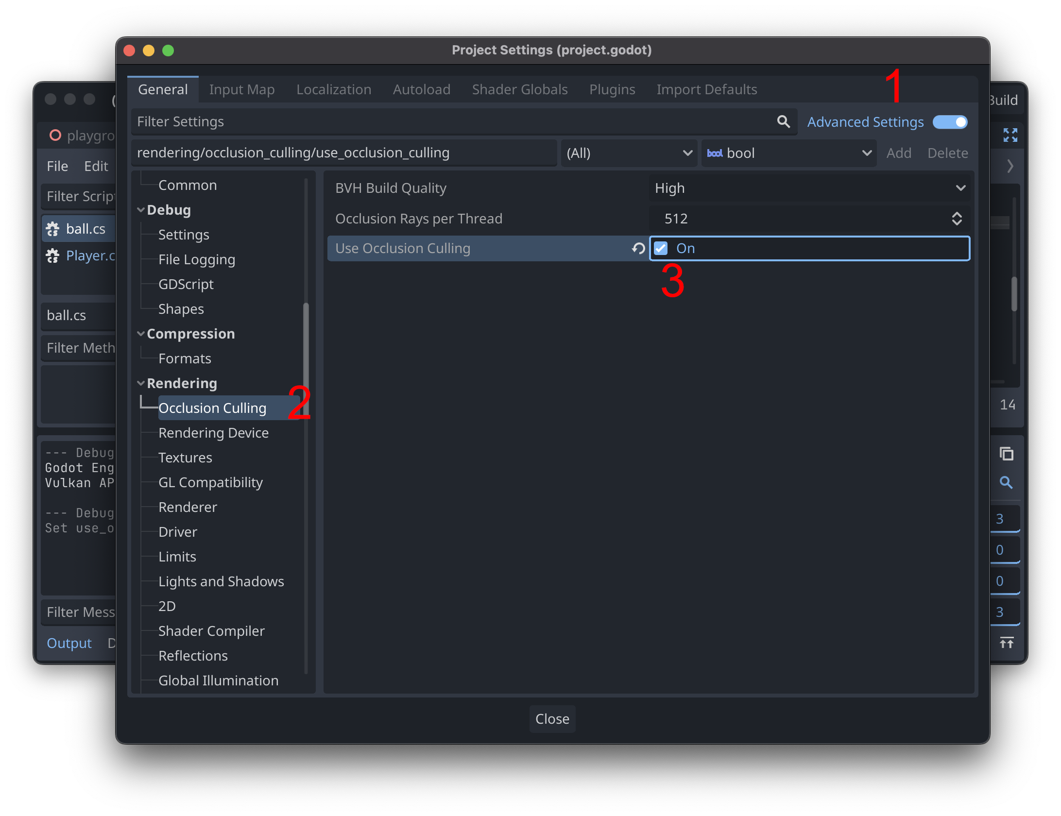 The Project Settings Dialogue, annotated with red numbers. Number 1 is the Advanced Settings toggle, which has been toggled on. Number 2 is on the left-hand list of setting categories, showing where “Rendering/Occlusion Culling” is in the list. Number 3 is on the checkbox for “Use Occlusion Culling”, which is checked.