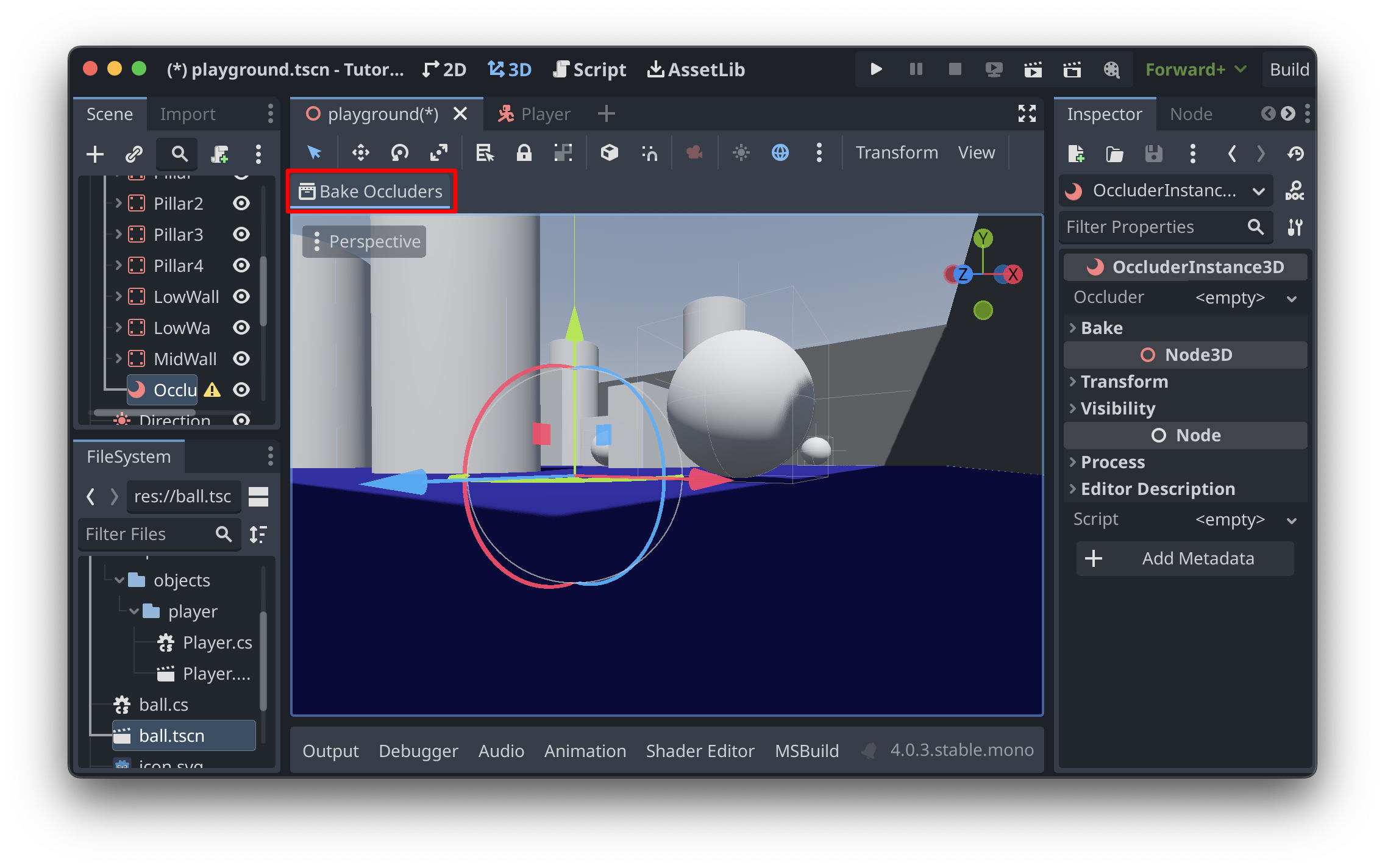The Godot editor, with a red outline around a new button that has appeared at the top of the viewport labeled “Bake Occluders”