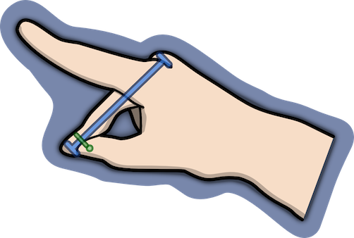 An illustration showing a hand with the thumb touching the middle finger. There’s a line overlaid on top of the middle finger and a notch in the line where the thumb has been projected onto the line.
