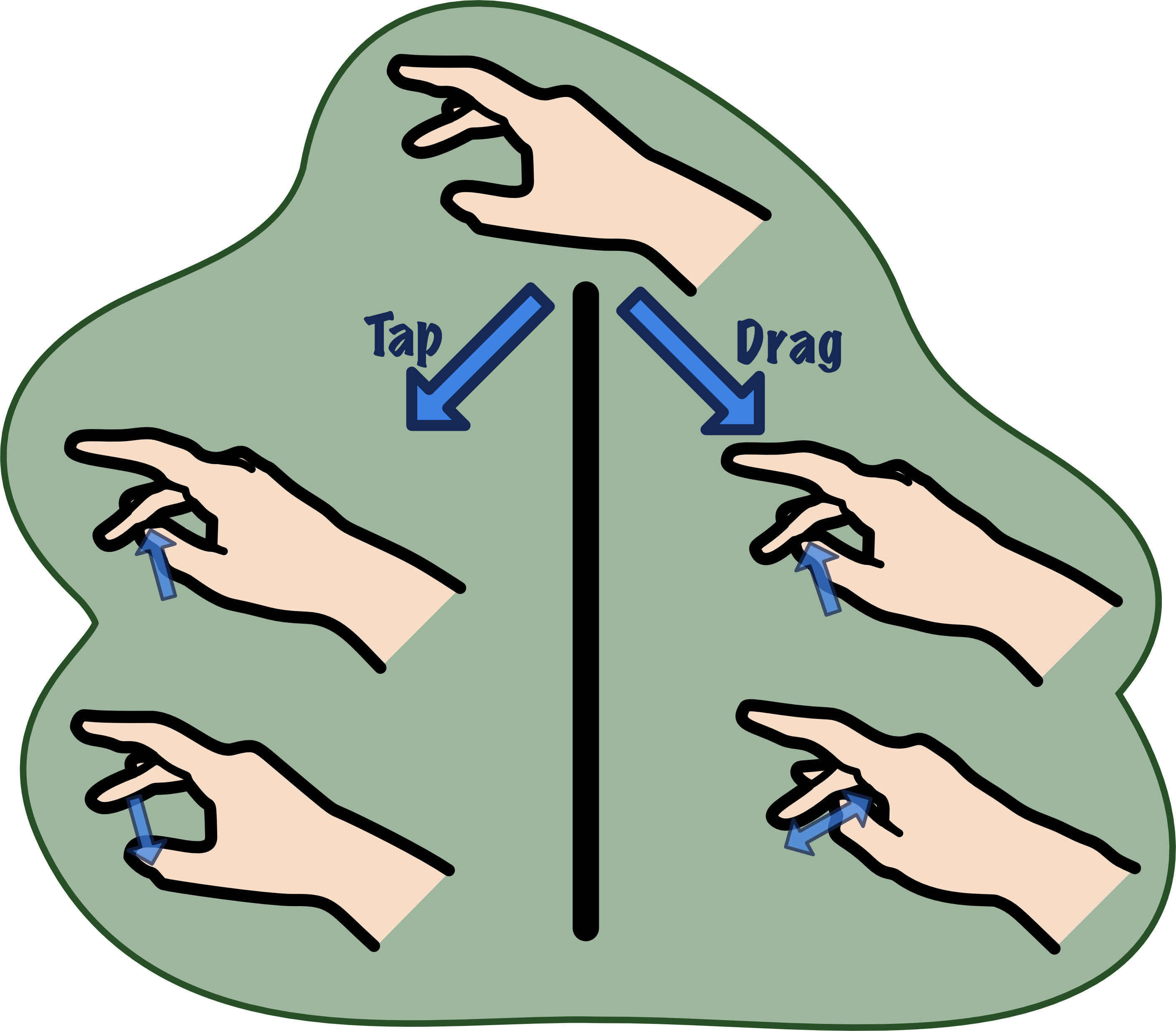 An illustration split into three sections. At the top, a hand with thumb away from middle finger. On the bottom left, a section labeled ’tap’ with two hands with motion arrows depicting the thumb moving toward and away from the middle finger. On the bottom right, a section labeled ‘drag’ with two hands with motion arrows depicting the thumb moving up and down the middle finger.