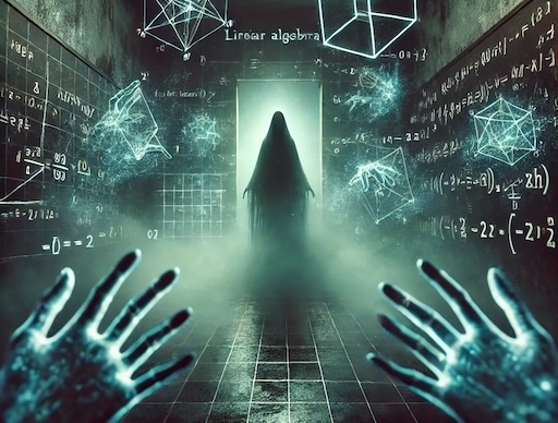 An AI-generated image of a ghostly figure standing in the doorway of a plain room lit blue by abstract mathematical shapes and figures on the walls, with a vaguely astral feeling. The viewer’s hands are visible at the bottom of the image, the same color as the astral math symbols.