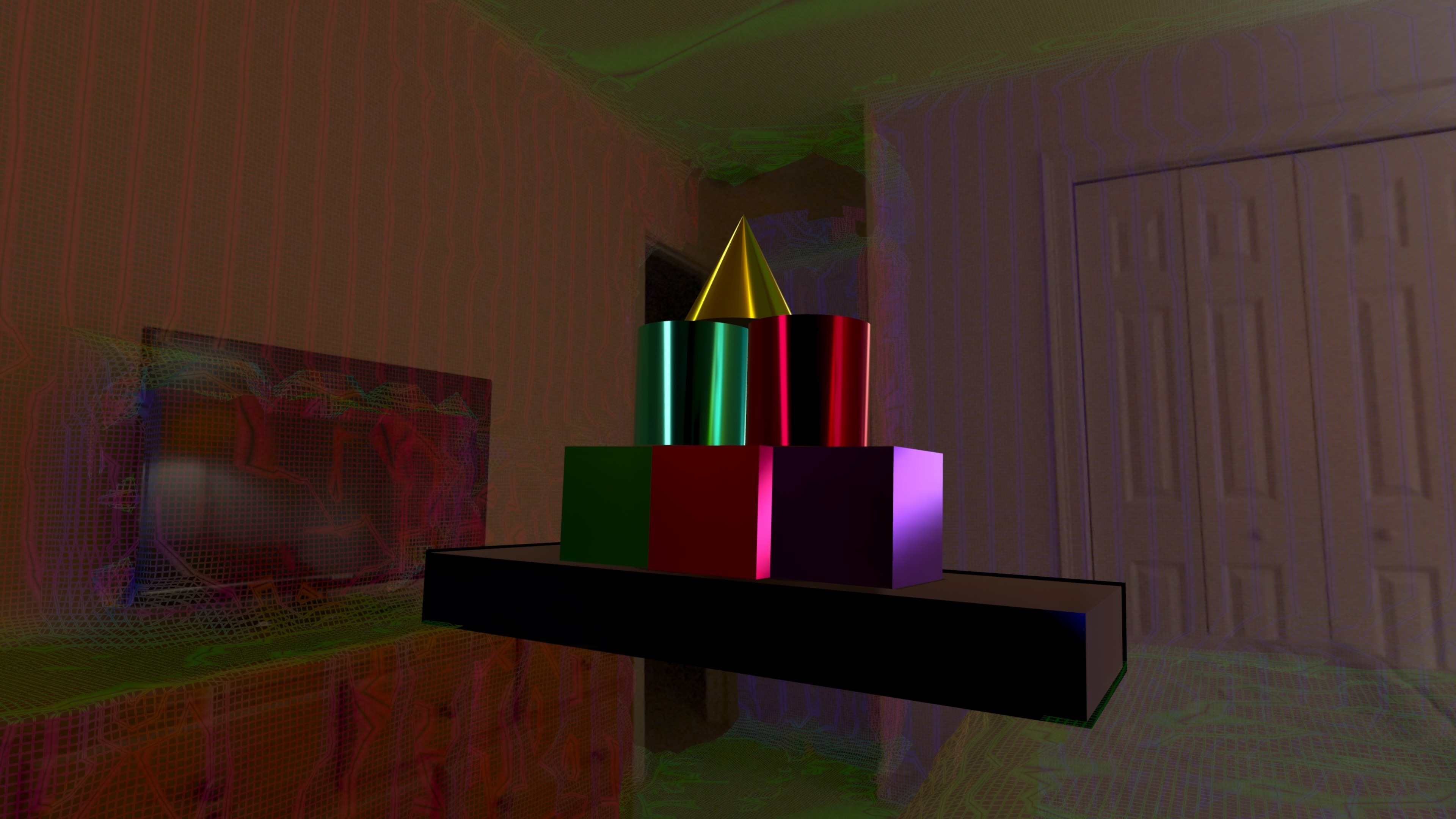 An image of a stack of various objects like cubes, cylinders and cones resting on top of a long cuboid that bridges the gap between real-world objects, a bed and dresser. In the background is a grid-like material overlaid on top of the real-world walls.