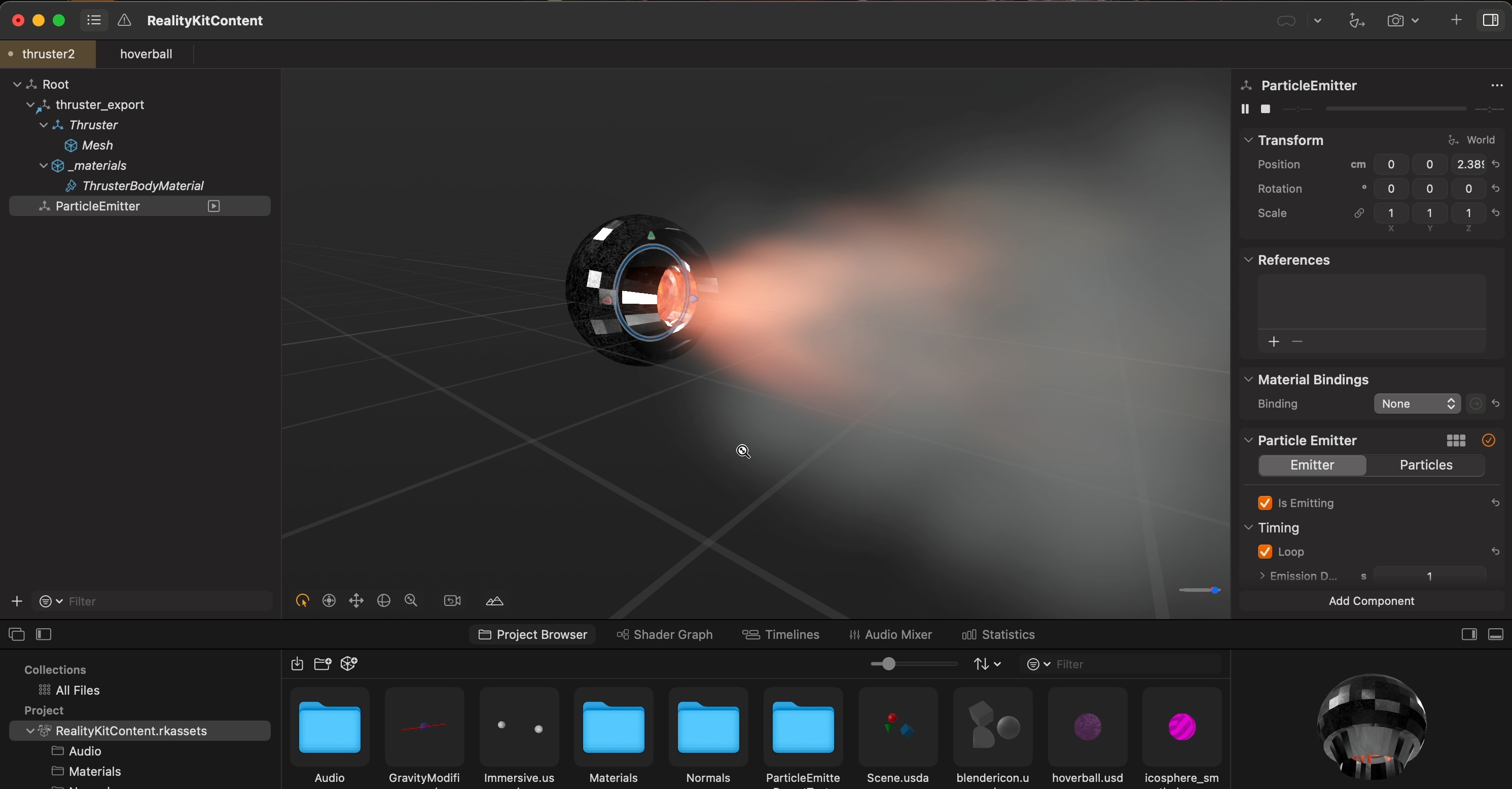A spherical thruster with nozzle that has fire and smoke coming out of it, viewed inside Reality Composer Pro